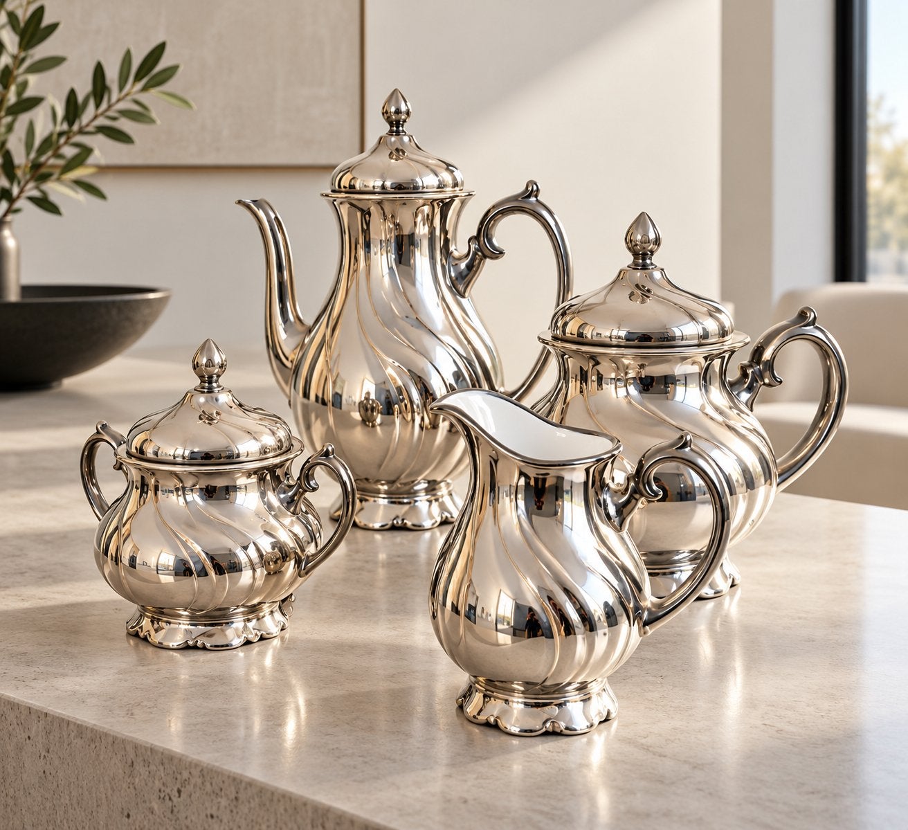 Vintage koffie- en theeset – verzilverd porselein–4-delig, Ophalen of Verzenden
