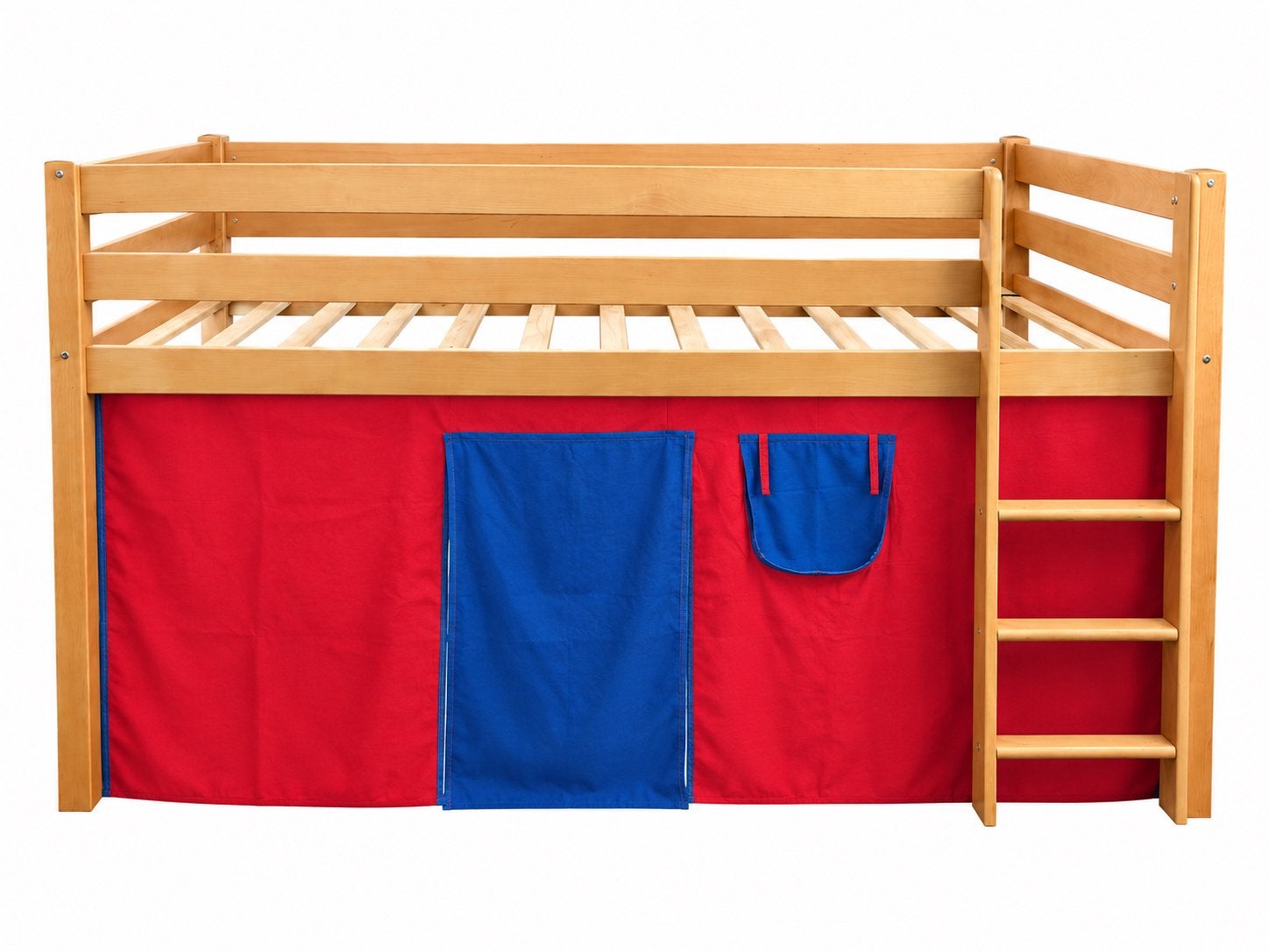 Houten halfhoogslaper 90x200 met rood/blauwe speeltent, Ophalen, 85 tot 100 cm, Zo goed als nieuw, Hoogslaper of Stapelbed