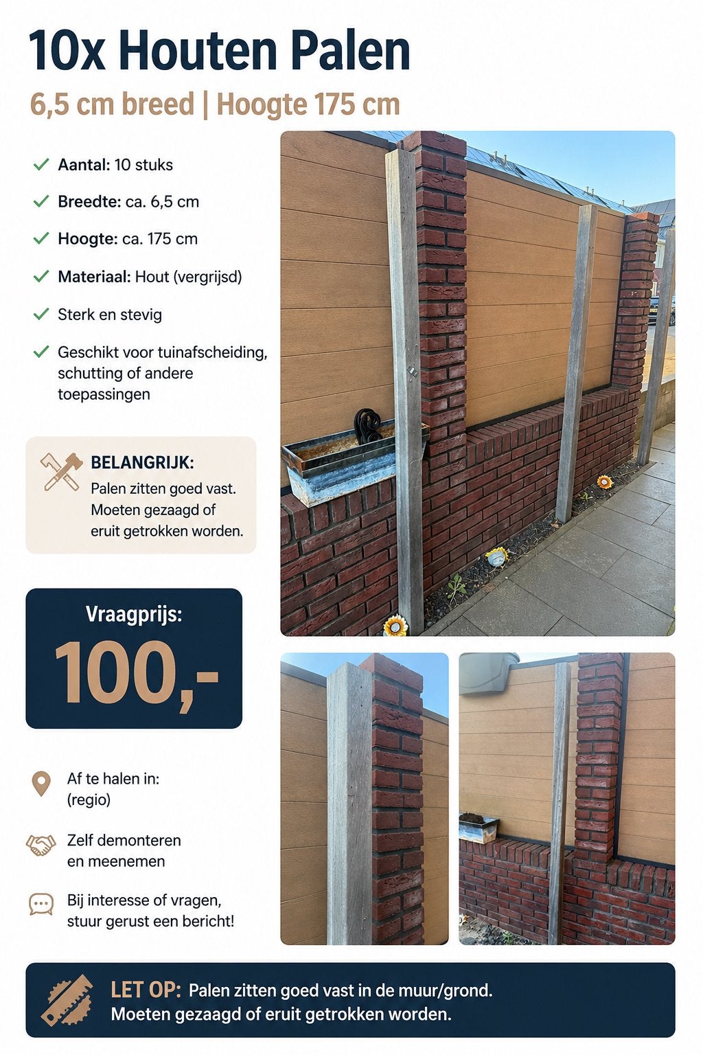 10 stevige hardhouten palen., Tuin en Terras, Tuinpoorten, Ophalen, 100 tot 150 cm, Zo goed als nieuw, Hout