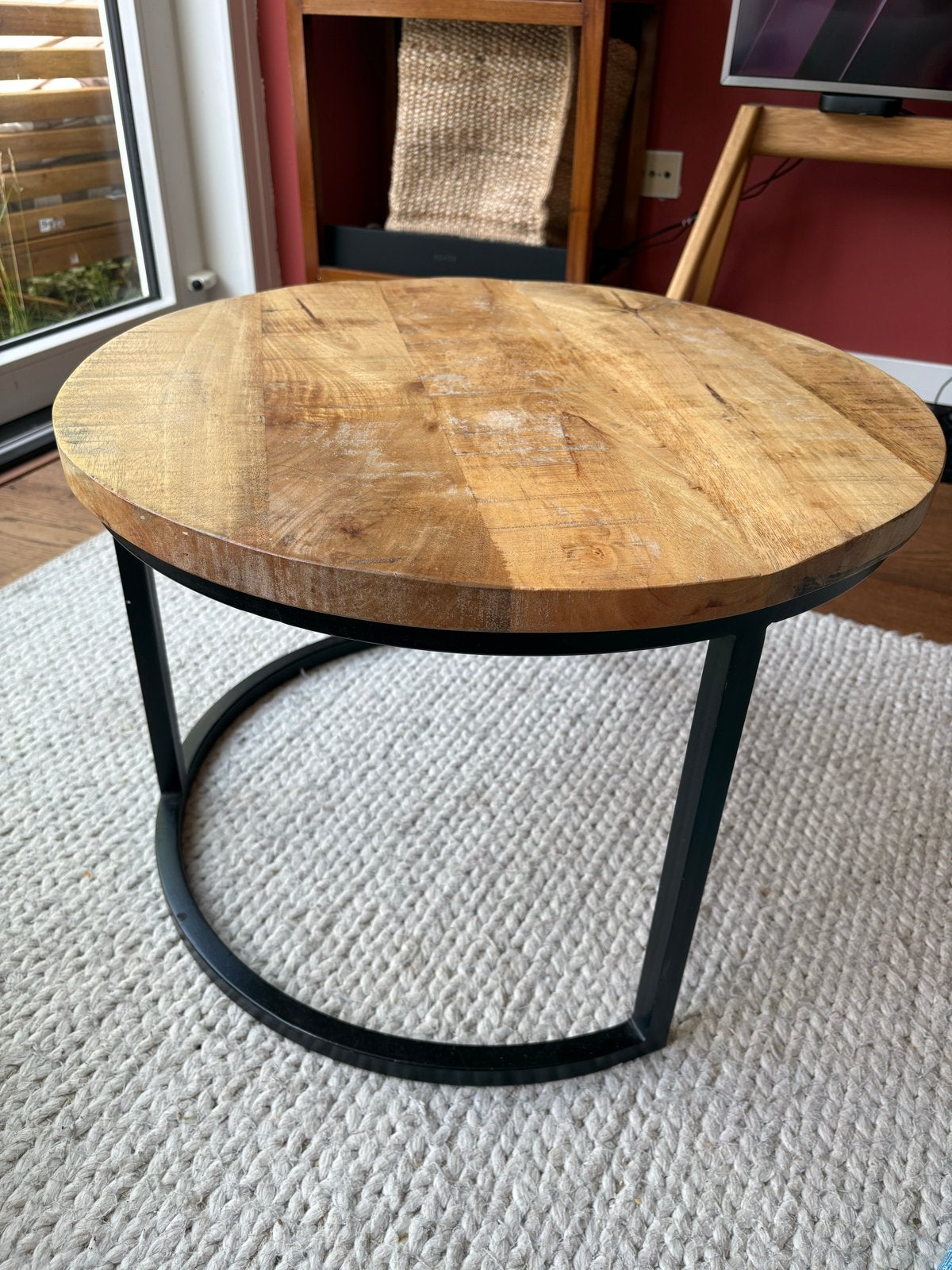 Ronde salontafel van mangohout en metaal, Ophalen, Gebruikt, Rond, 50 tot 100 cm