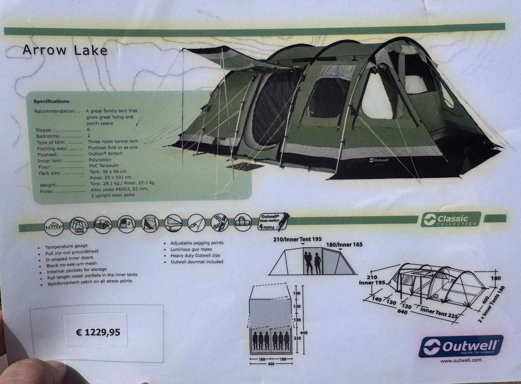 Outwell Arrow Lake Tunneltent (met compl. campinguitrusting), Ophalen of Verzenden, Zo goed als nieuw, Tot en met 6