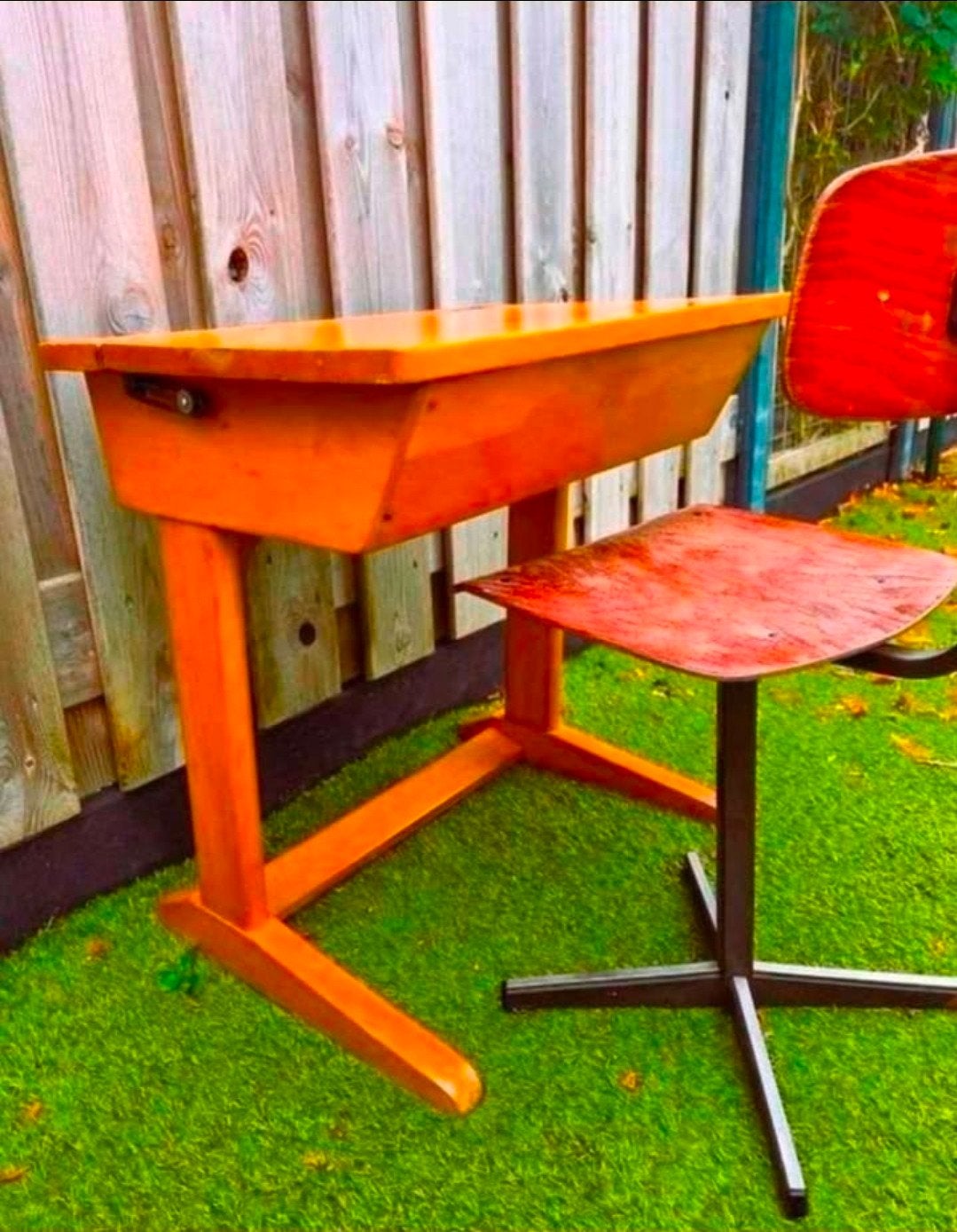 *GRATIS* Vintage schoolbankje met stoel - Hout, Ophalen of Verzenden