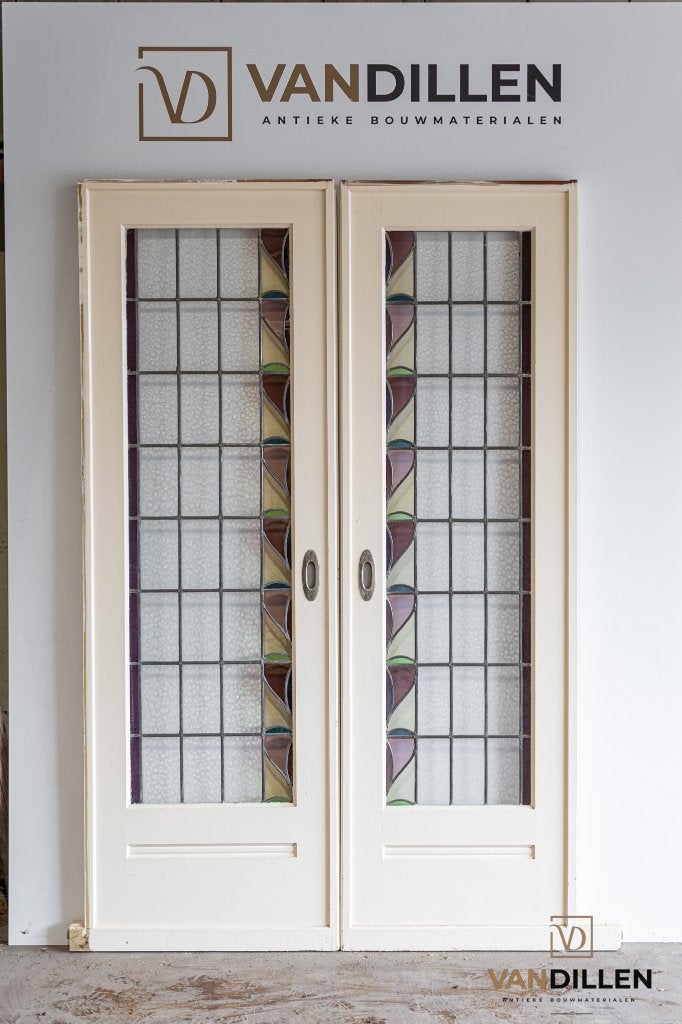 2 sets antieke ensuite schuifdeuren glas in lood art deco, Gebruikt, 120 cm of meer, Binnendeur, Ophalen of Verzenden