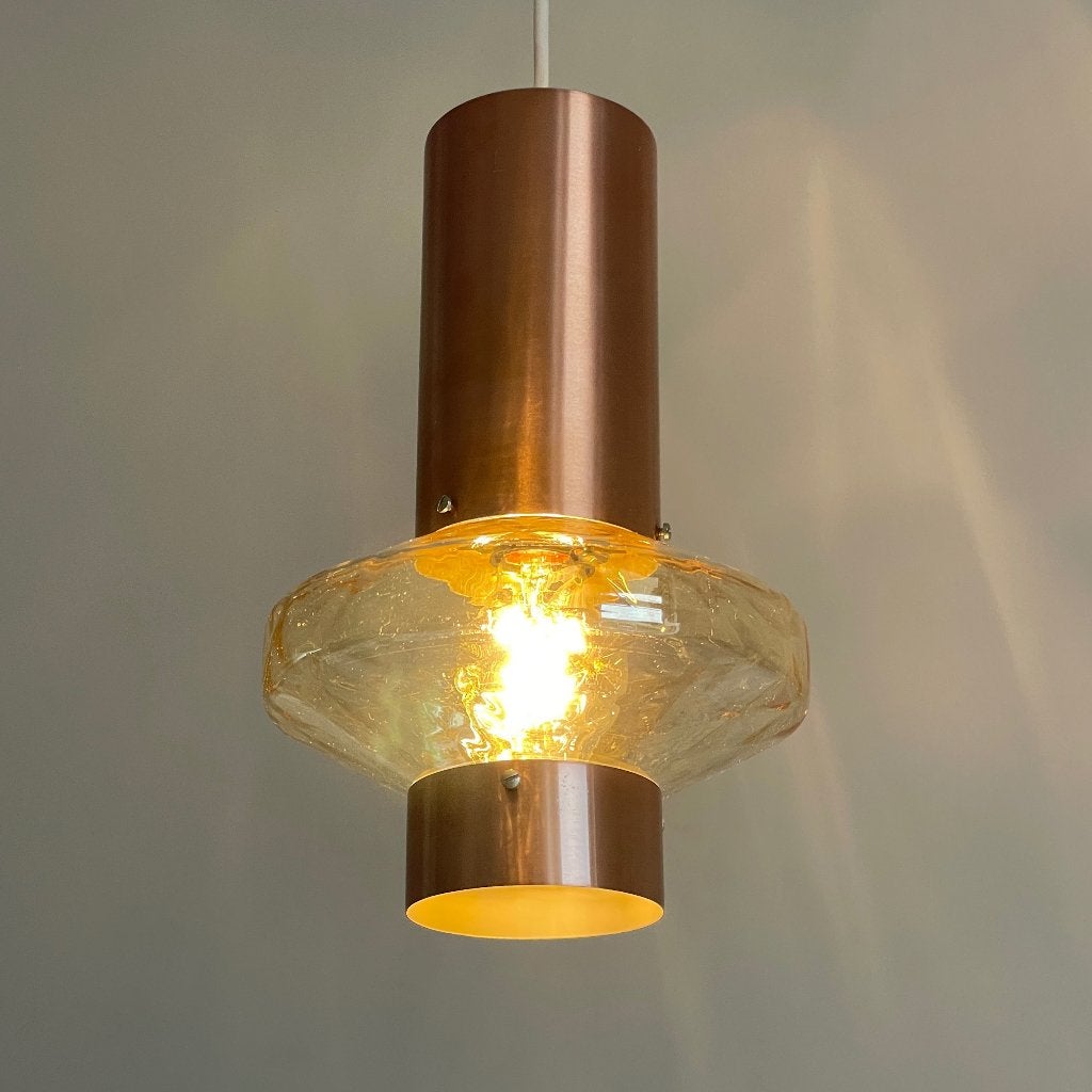 vintage Mid Century Deens design LAMP koper glas Scandinavie, Ophalen of Verzenden, Gebruikt, Glas, Vintage Mid Century Scandinavisch design Danish Japandi MCM