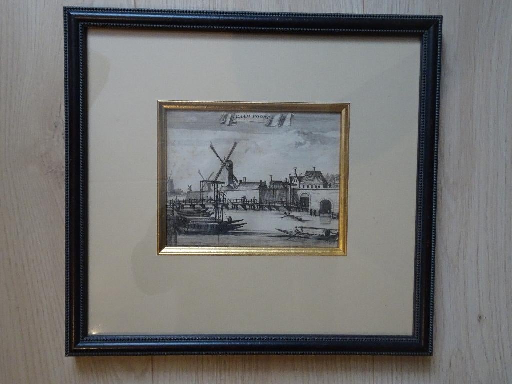Gravure Raampoort bootjes Amsterdam, Commelin 1691, Antiek en Kunst, Kunst | Etsen en Gravures, Verzenden