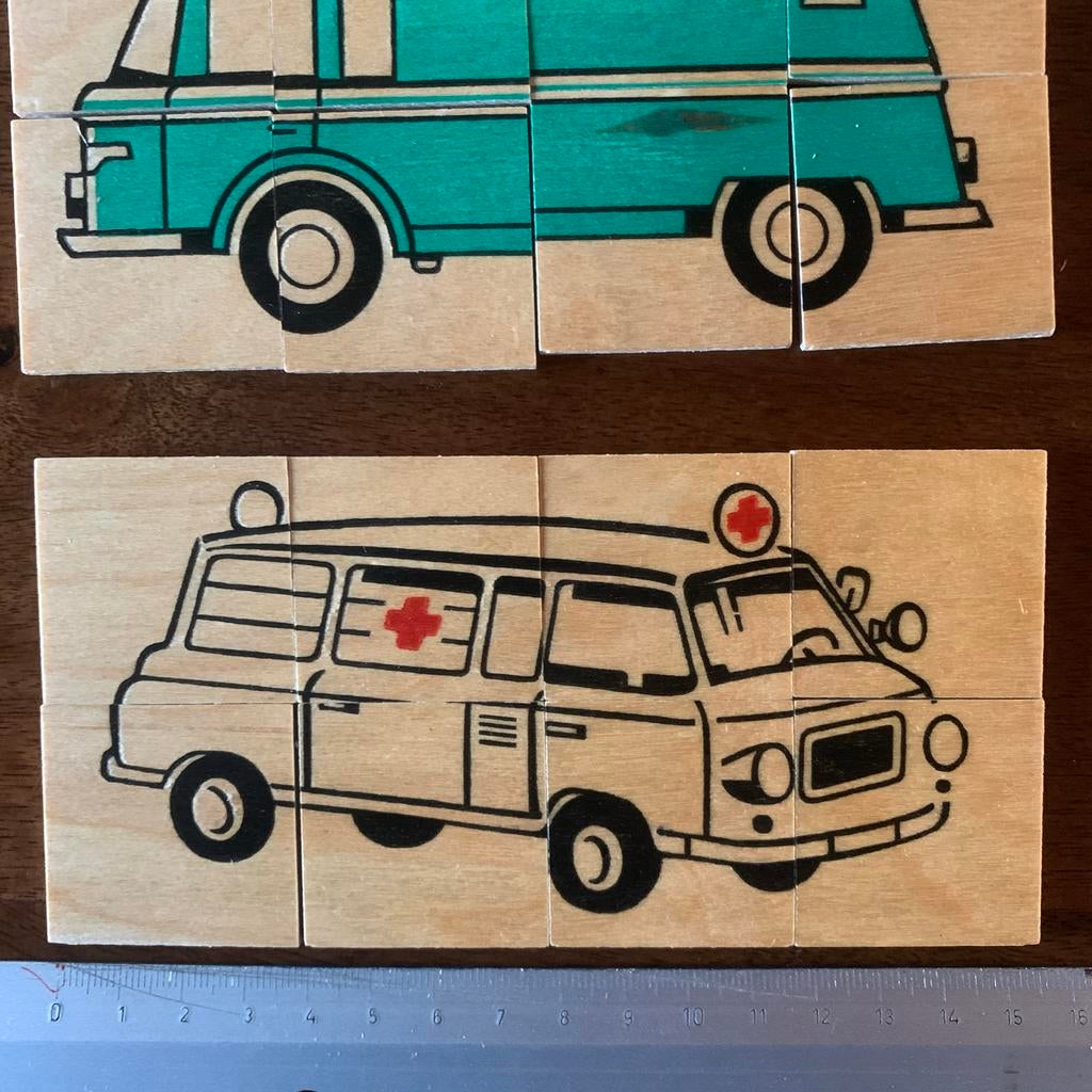 Vero houten puzzeltjes DDR 6 voertuigen 1960, Verzamelen, Ophalen of Verzenden, Zo goed als nieuw