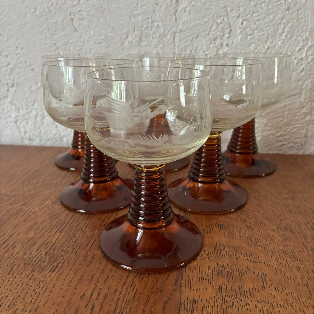 6 Vintage roemer wijnglazen - bruine voet, Antiek en Kunst, Ophalen of Verzenden