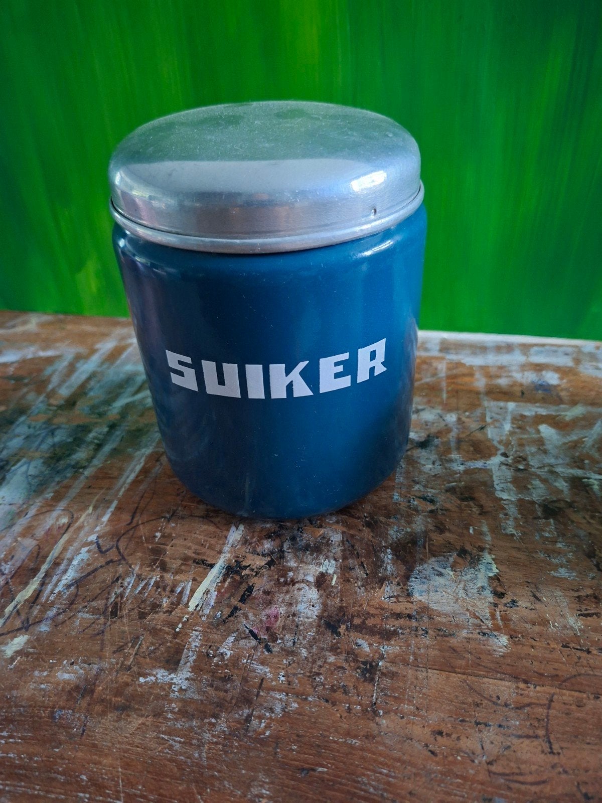Vintage blauwe emaille voorraadbus 'Suiker', Antiek en Kunst, Ophalen of Verzenden