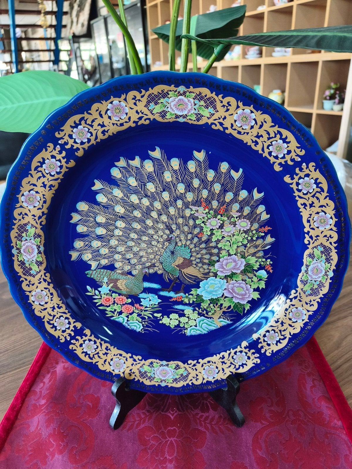 Chinees Porseleinen Sierbord - Cobalt & Pauwen Ø 36,2cm, Ophalen of Verzenden