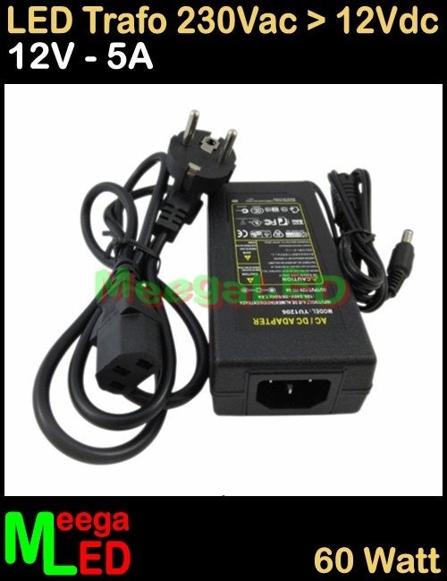 LED Trafo Voeding Adapter Driver - 230V > 12V - 5A = 60W - S, Overige merken, Kunststof, Zwart, Nieuw