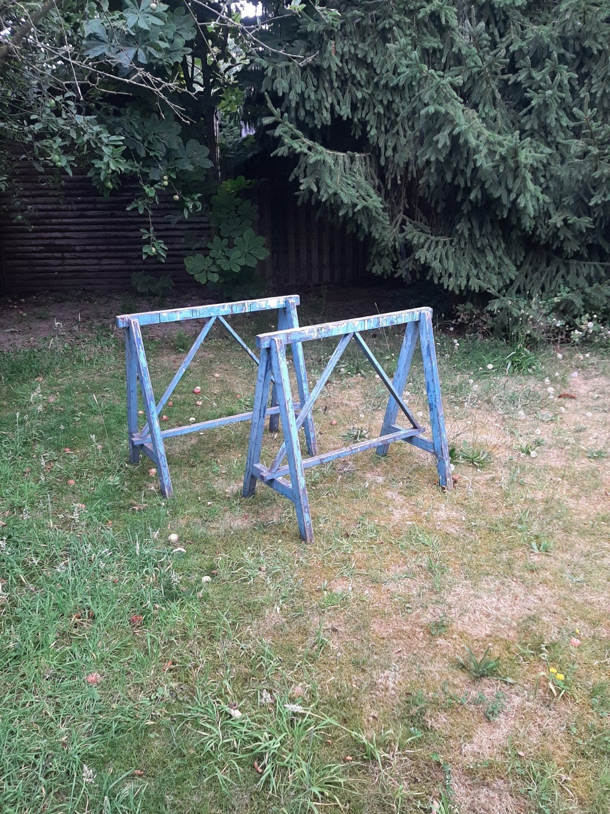 Set van 2 stevige schragen, blauw geverfd, Ophalen, Gebruikt, 70 tot 120 cm, Inklapbaar