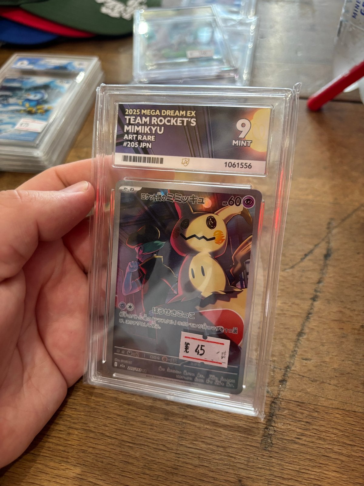Pokémon Team Rocket's Mimikyu Art Rare #205 JPN PSA 9, Ophalen of Verzenden, Zo goed als nieuw, Losse kaart