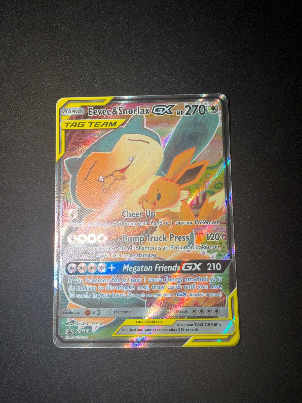 Pokémon Eevee & Snorlax GX TAG TEAM SM169 Full Art, Ophalen of Verzenden, Zo goed als nieuw, Losse kaart