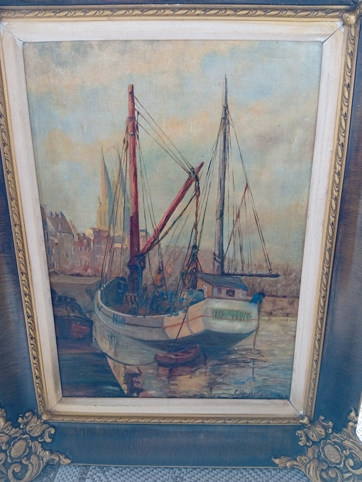 Maritiem Havenbeeld - Olieverf op doek - C. Heylebosch, Antiek en Kunst, Kunst | Schilderijen | Klassiek, Ophalen of Verzenden