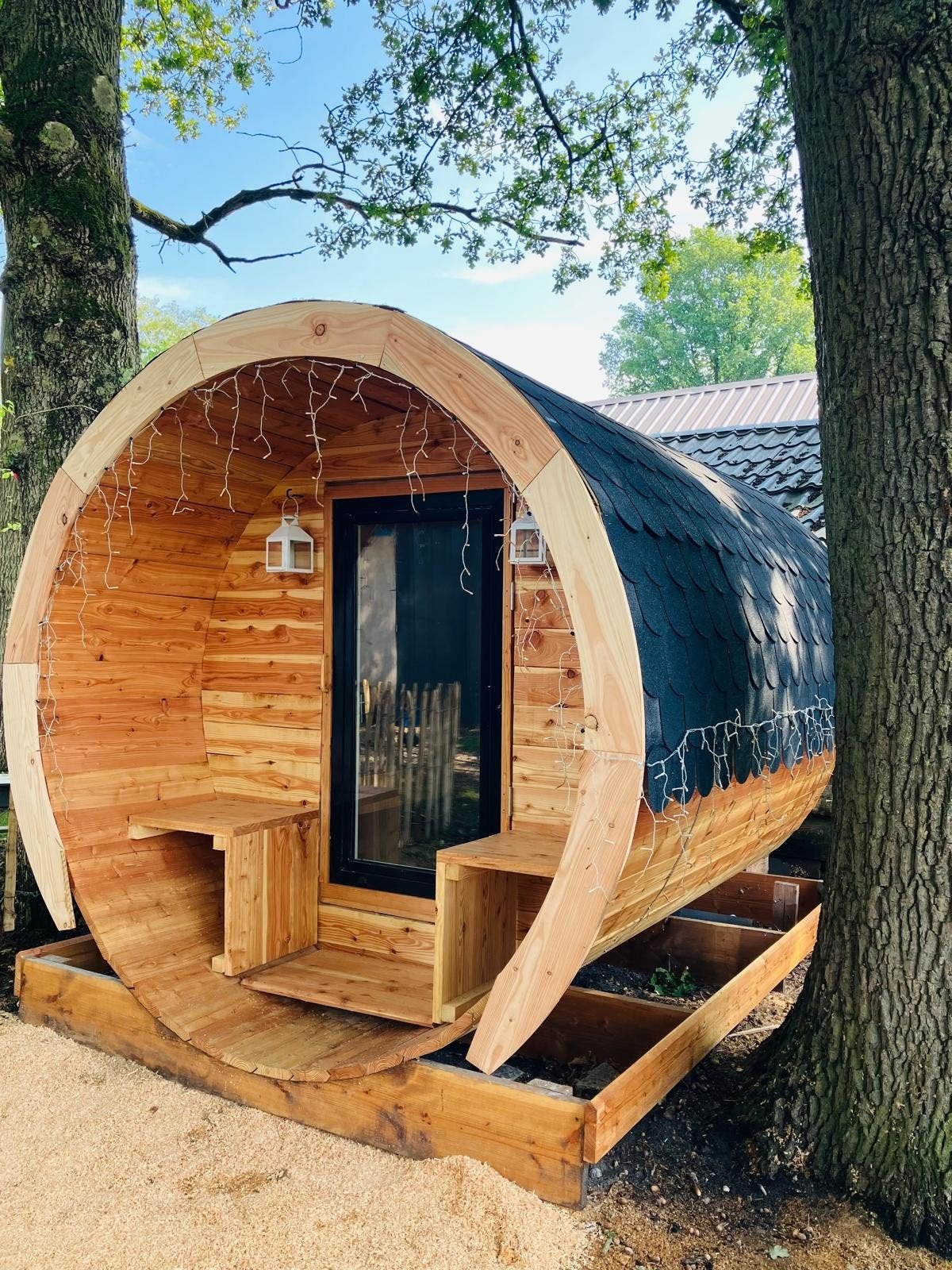 Barrel Sauna | buitensauna | tiny house | 8 personen, Ophalen, Zo goed als nieuw, Fins of Traditioneel, Complete sauna