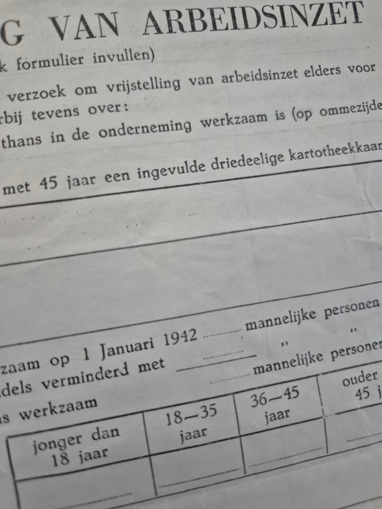 Vrijstellingsformulier Arbeitseinsatz, Verzamelen, Militaria | Tweede Wereldoorlog, Ophalen of Verzenden, Overige soorten, Duitsland