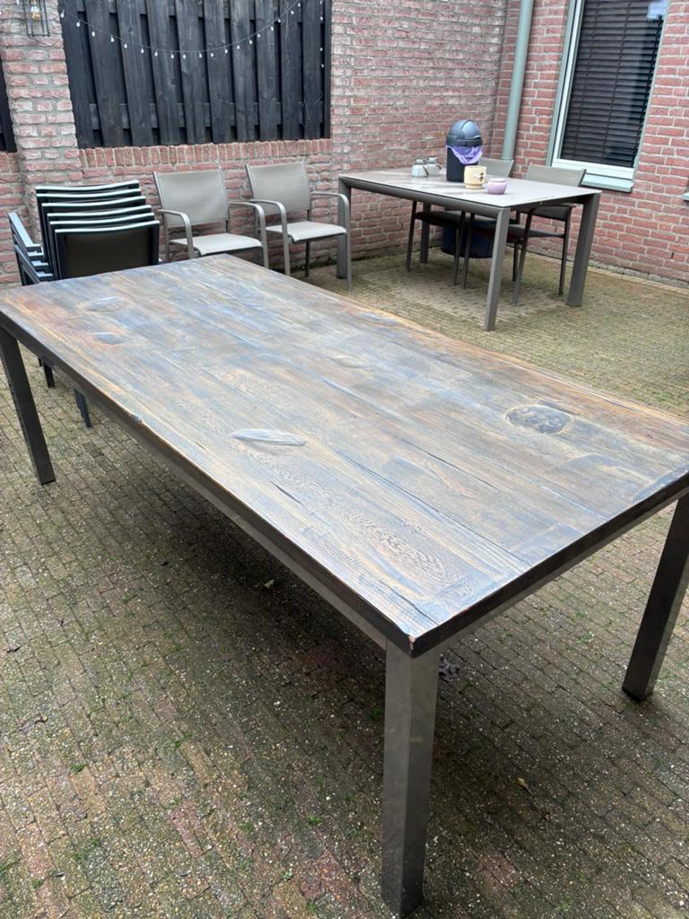Robuuste eettafel met eikenblad (ook geschikt voor buiten), Ophalen, 100 tot 150 cm, Eikenhout, 200 cm of meer