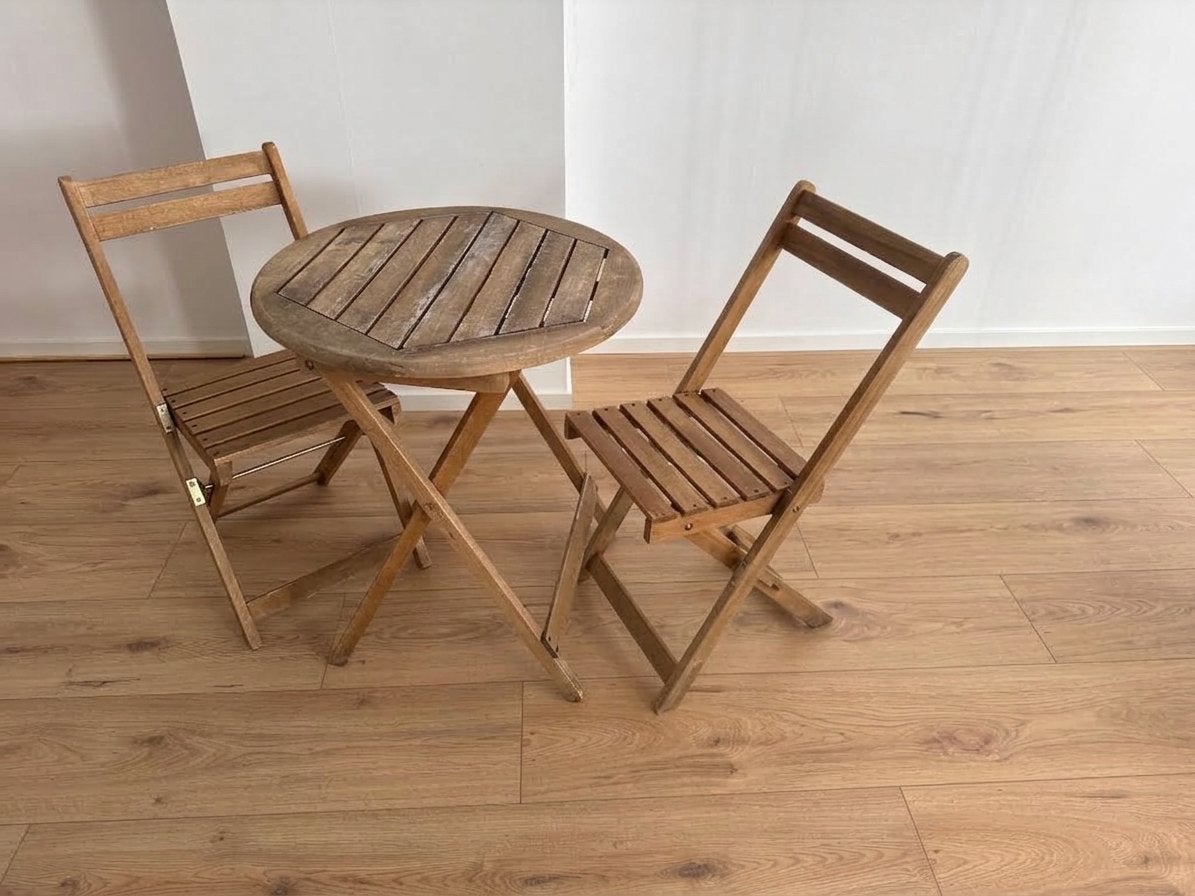 Houten bistro set - tafel en 2 stoelen, Ophalen, Gebruikt, Rond, Hout