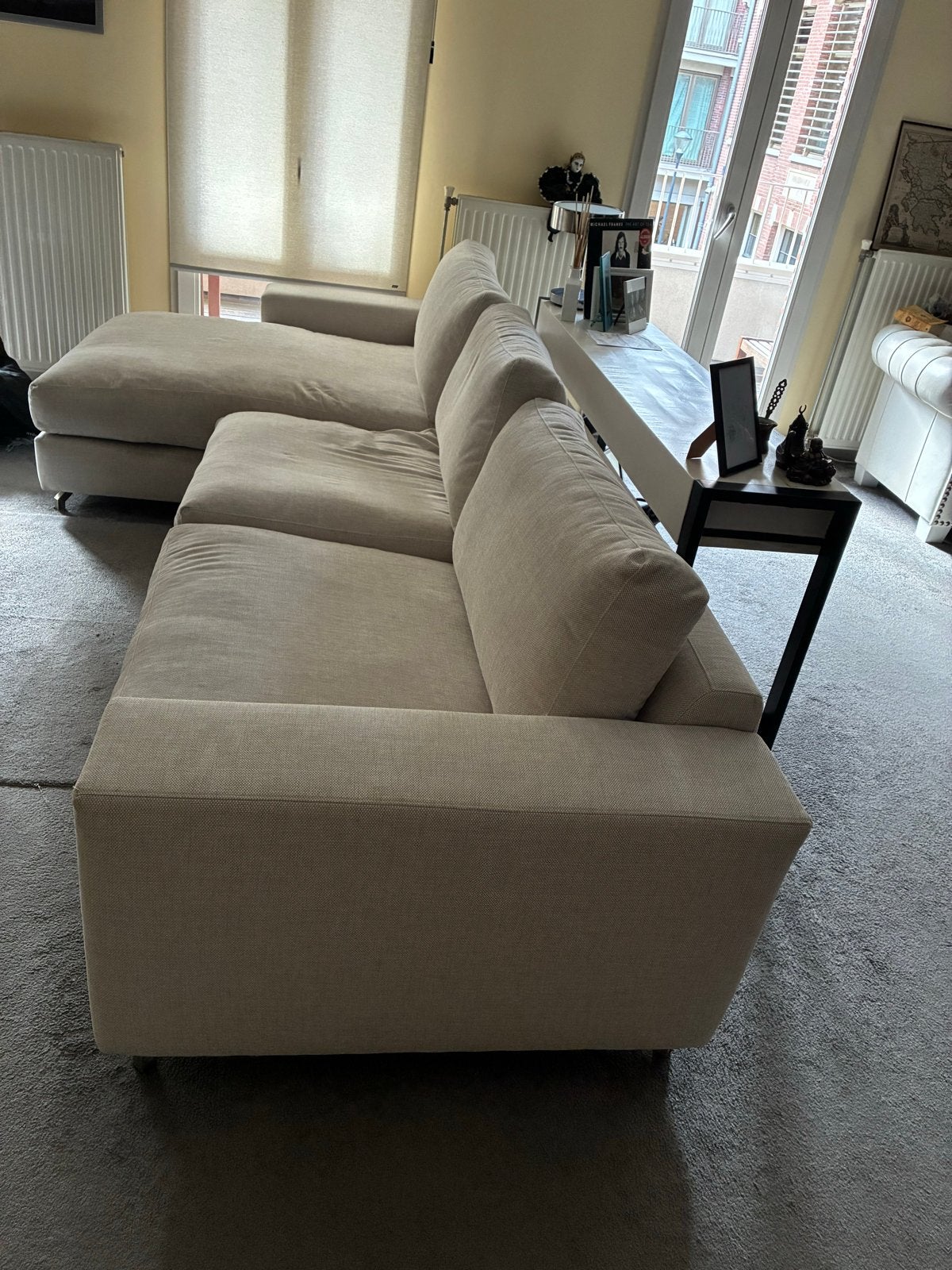 Comfortabele Hoekbank - Crèmekleurig Stof, Huis en Inrichting, Banken | Bankstellen, Ophalen, 250 tot 300 cm, Gebruikt, 100 tot 125 cm