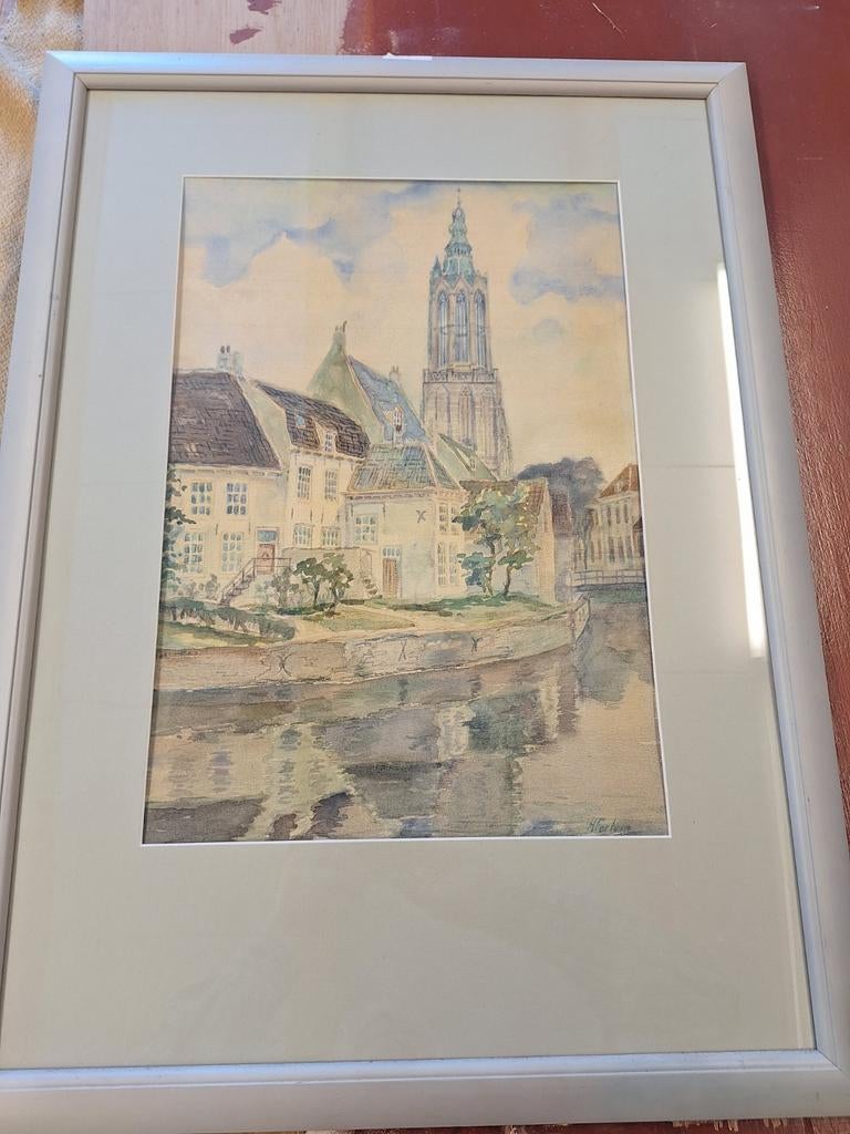 Aquarel van Henk Fortuin - Stadsgezicht met gracht en kerk, Ophalen of Verzenden