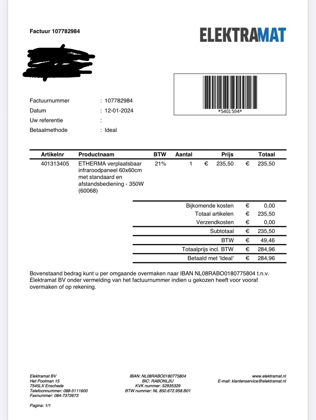 Etherma infraroodpaneel 60x60cm - 350W, Ophalen, Zo goed als nieuw, Verwarmen, Afstandsbediening