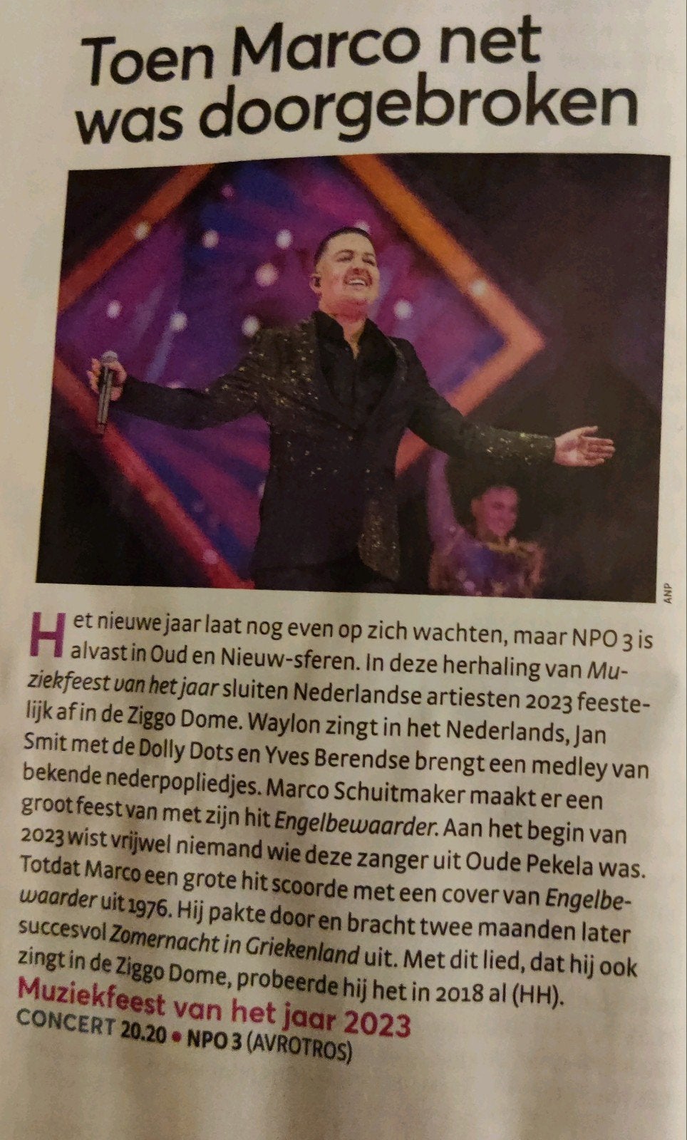 Marco Schuitmaker - Muziekfeest van het jaar 2023 artikel kn, Ophalen of Verzenden, 1980 tot heden, Nederland, Knipsel(s)