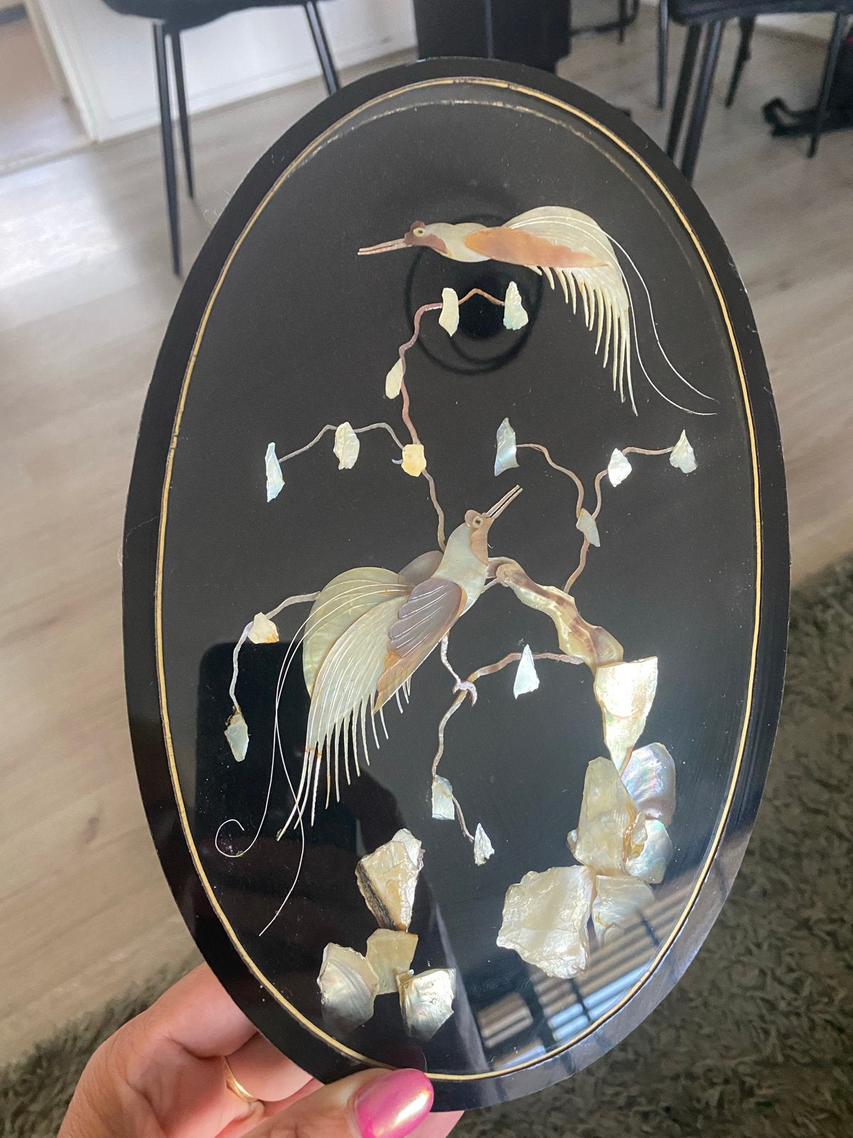 Ovale wanddecoratie met parelmoer inleg - Tropische vogels, Ophalen of Verzenden