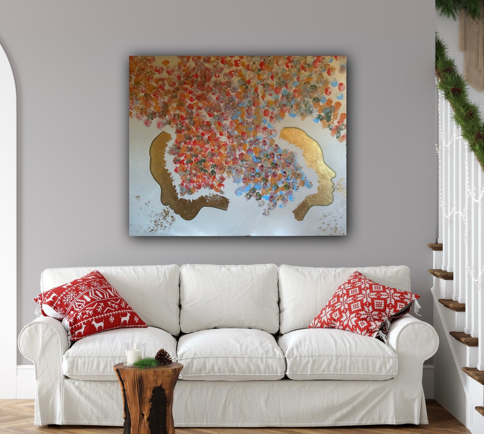 Abstract schilderij “2 gezichten” met 23 3/4 krt bladgoud, Ophalen
