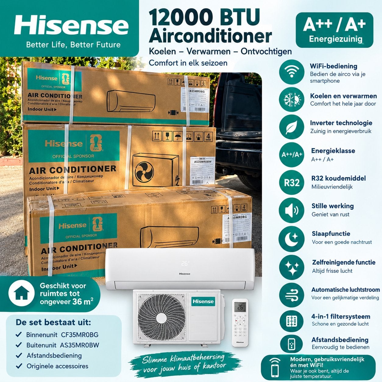 Hisense 12000 BTU airco – WiFi – Inverter – A++ / A+, Ophalen, Zo goed als nieuw, Wandairco, Minder dan 60 m³