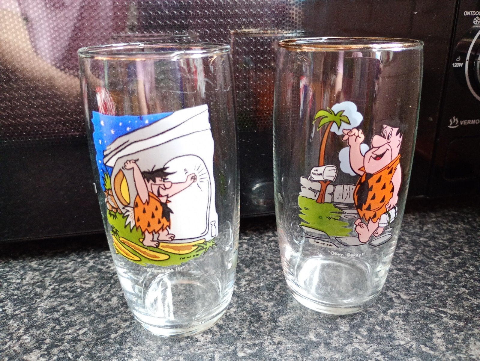 Vintage Flintstones Glazen Set - Fred en Barney, Glas of Glazen, Gebruikt, Ophalen of Verzenden, Glas