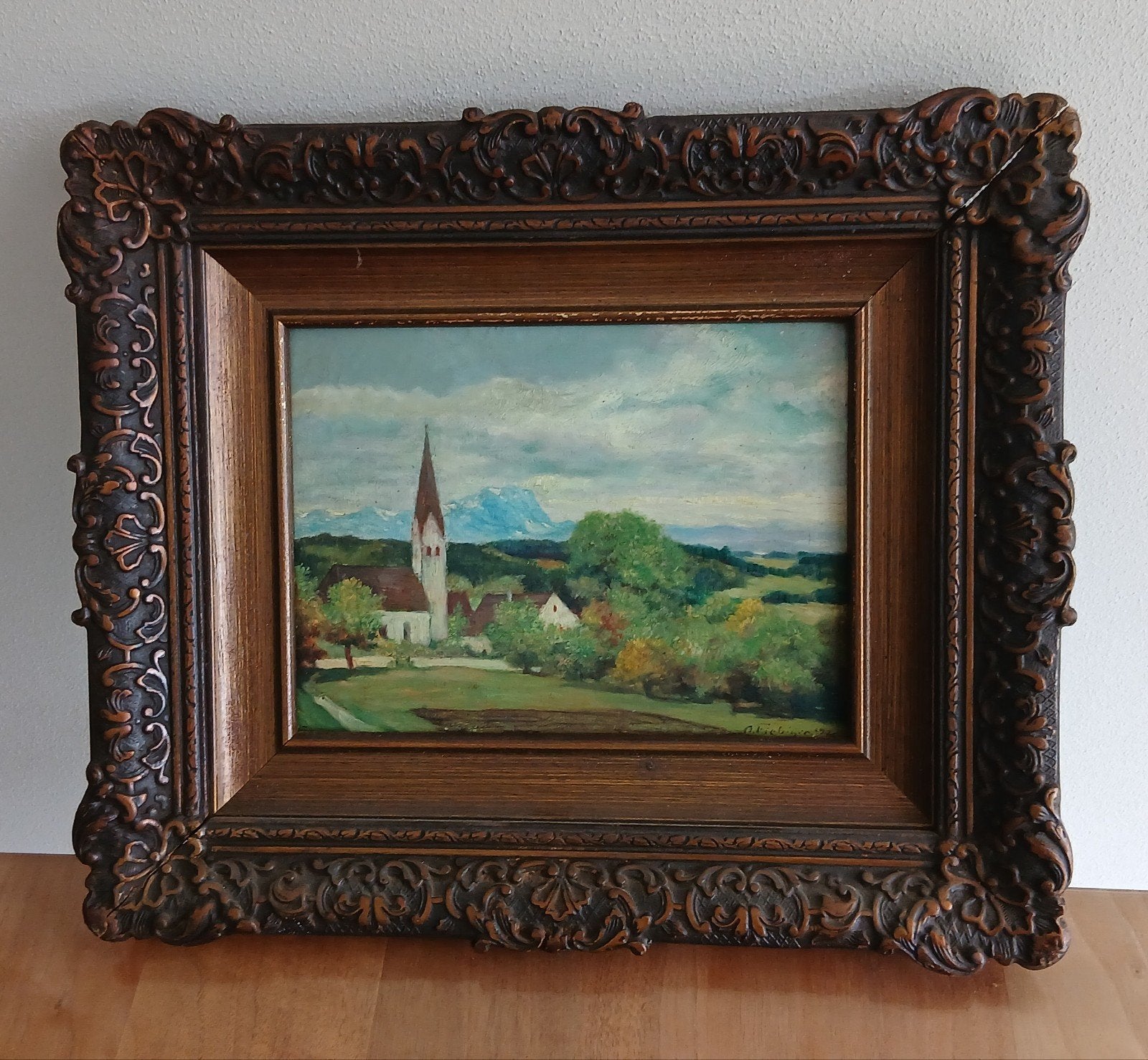 oud schilderij kerk gesigneerd, Ophalen of Verzenden