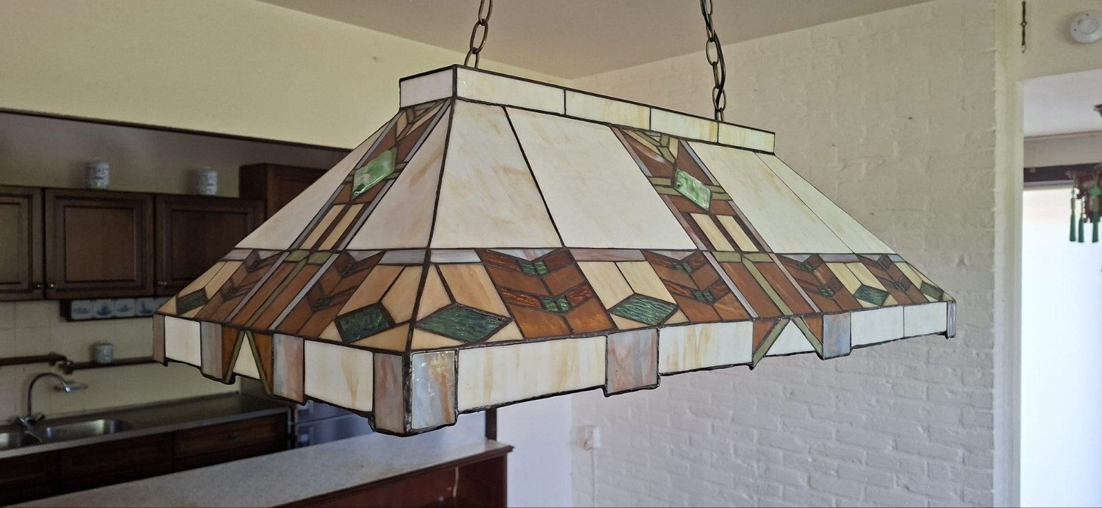 Prachtige Tiffany Eetkamertafel Lamp - Art Deco Stijl, Ophalen, Art Deco, Tiffany, E27 (groot), Zo goed als nieuw