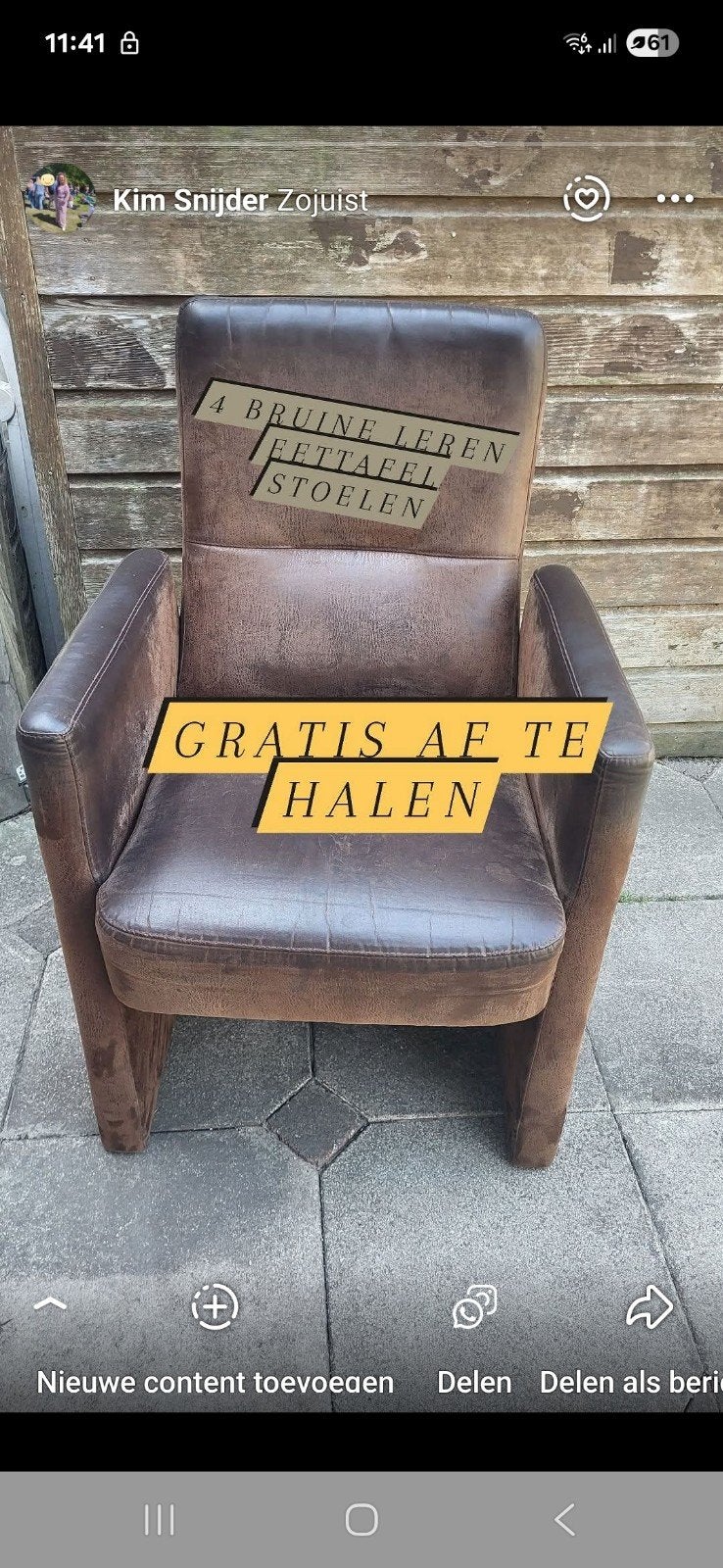 4 bruine leren eettafelstoelen, Ophalen, Gebruikt, Bruin, Leer