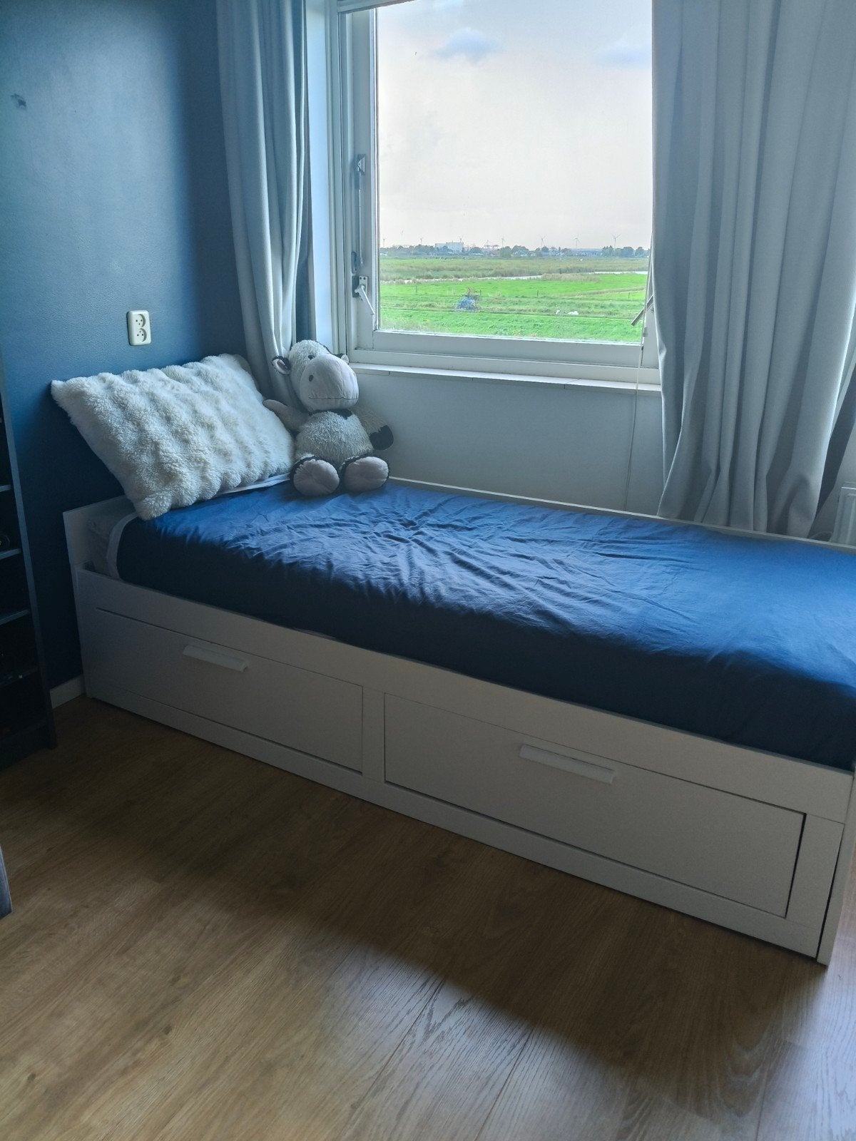 IKEA Brimnes eenpersoonsbed uitschuifbaar 160 cm met lades, Ophalen, Gebruikt, Eenpersoons, Wit