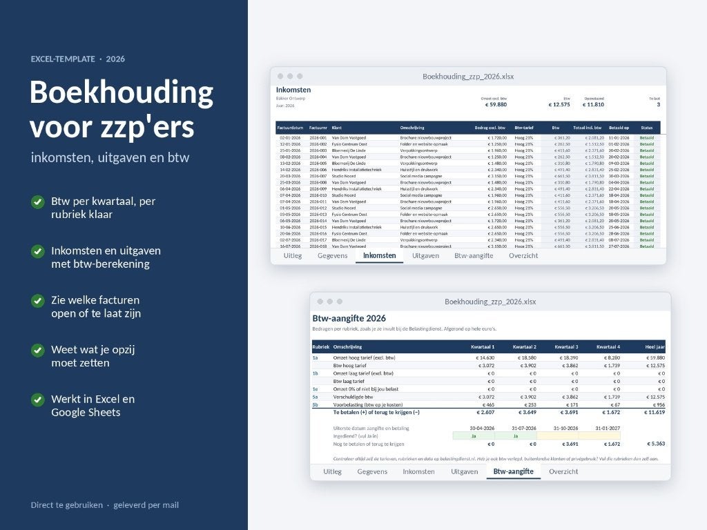 Boekhouding zzp Excel 2026 | btw per kwartaal, Ophalen of Verzenden, Nieuw, Excel, IOS