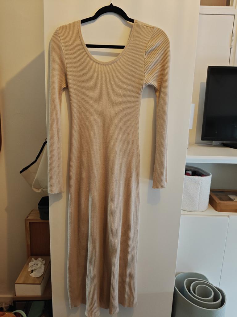 Lost Ink ribgebreide midi jurk in beige, maat M, Maat 38/40 (M), Ophalen of Verzenden, Zo goed als nieuw, Onder de knie