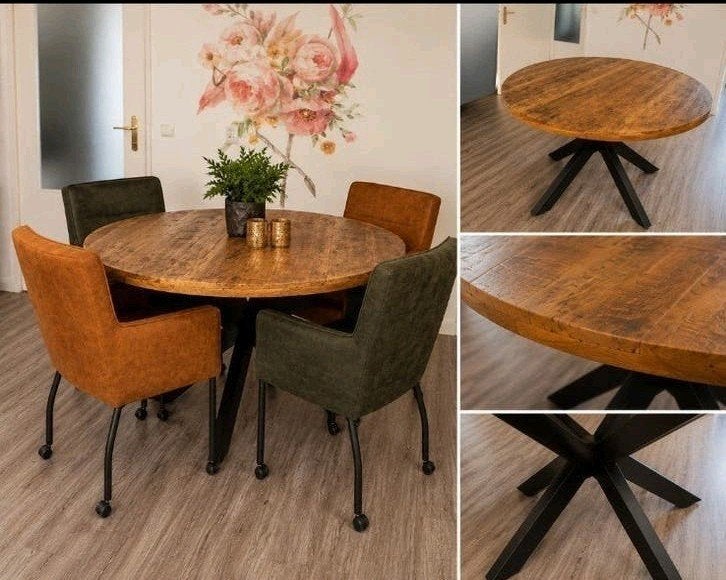 Prachtige industriële ronde eettafel + 4 eetkamerstoen, Ophalen, Zo goed als nieuw, 4 tot 6 stoelen