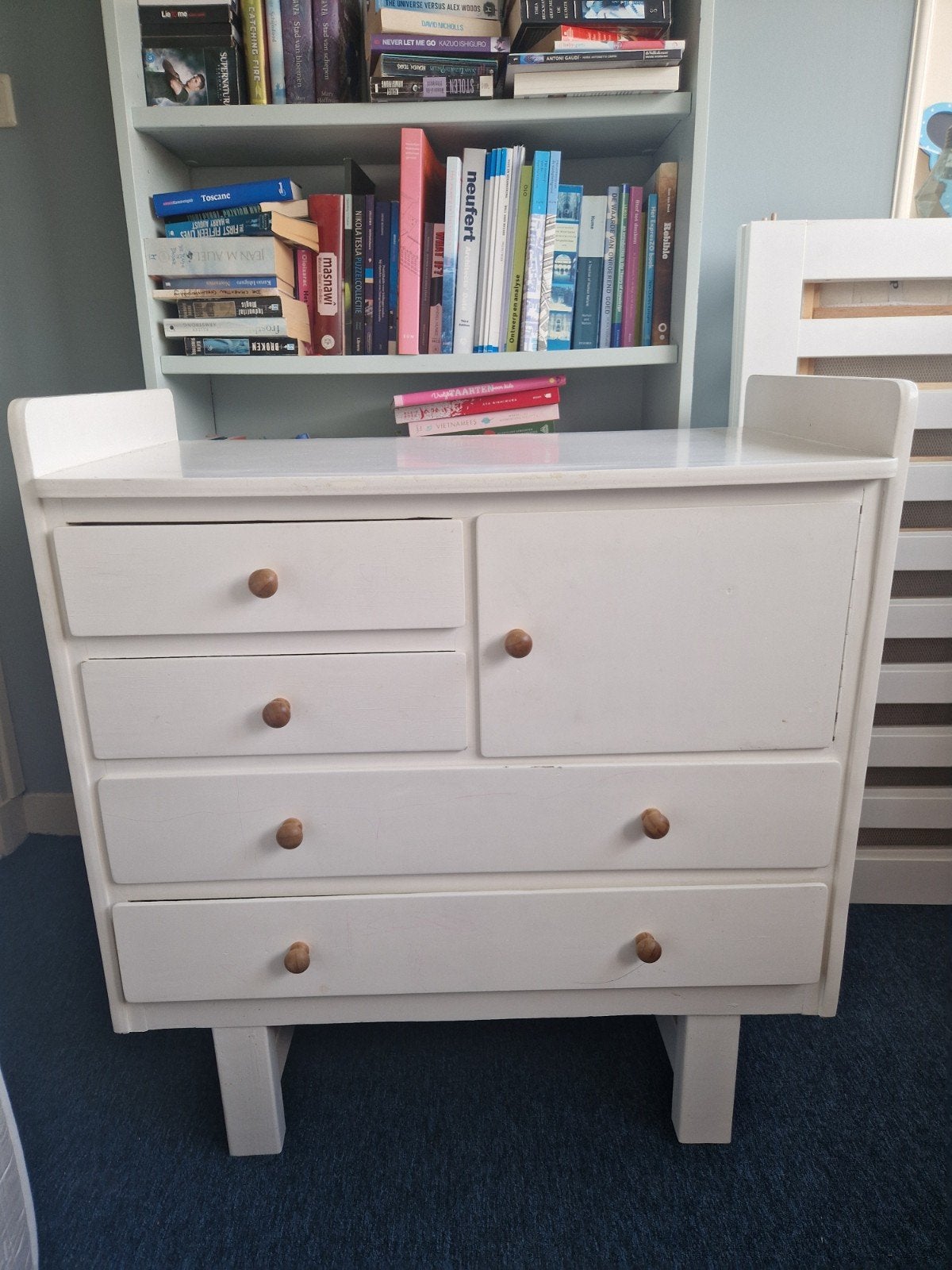 Witte vintage commode met lades en kastje, Ophalen, Gebruikt, 50 tot 70 cm, 100 cm of meer