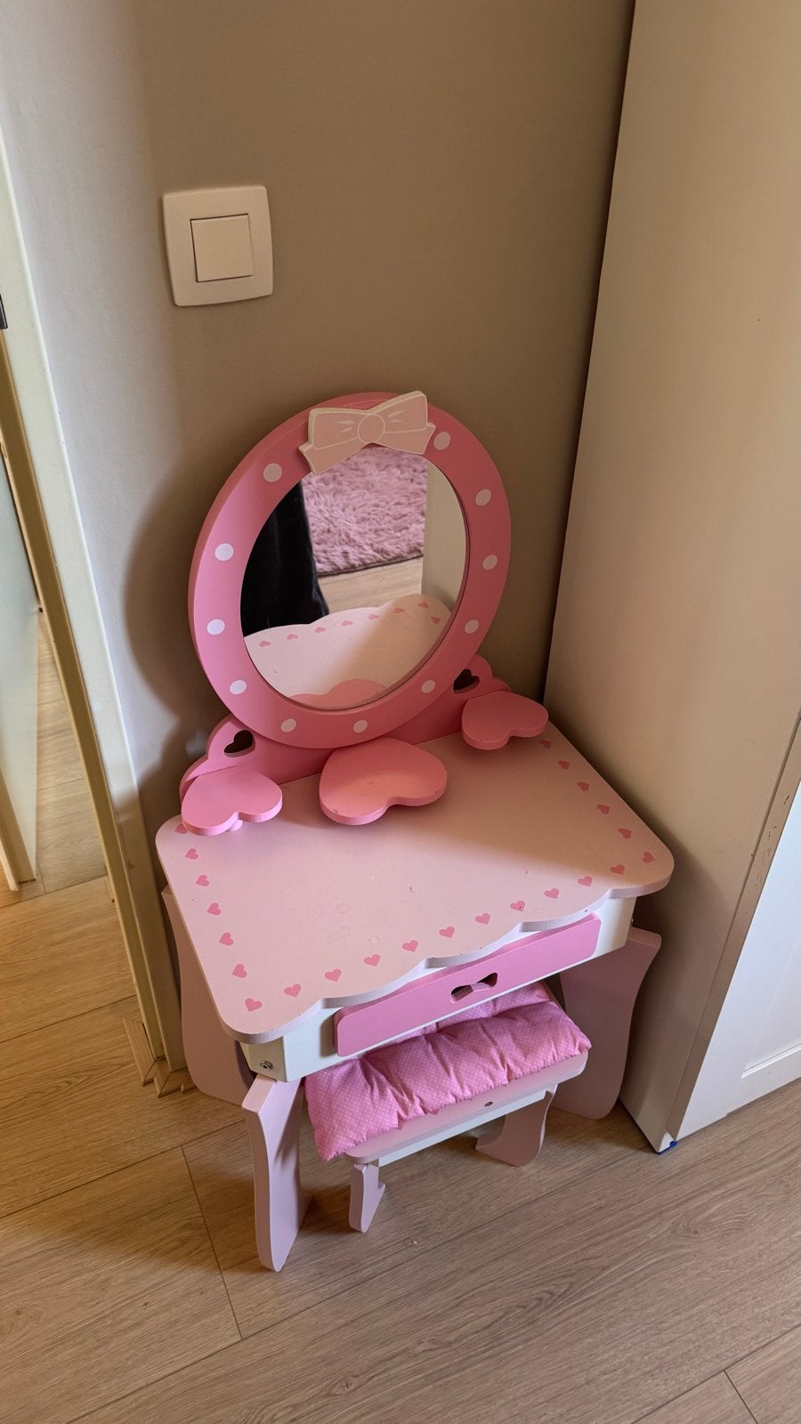 Roze kinderkaptafel met spiegel en krukje - Gebruikt, Ophalen, Gebruikt, Tafel