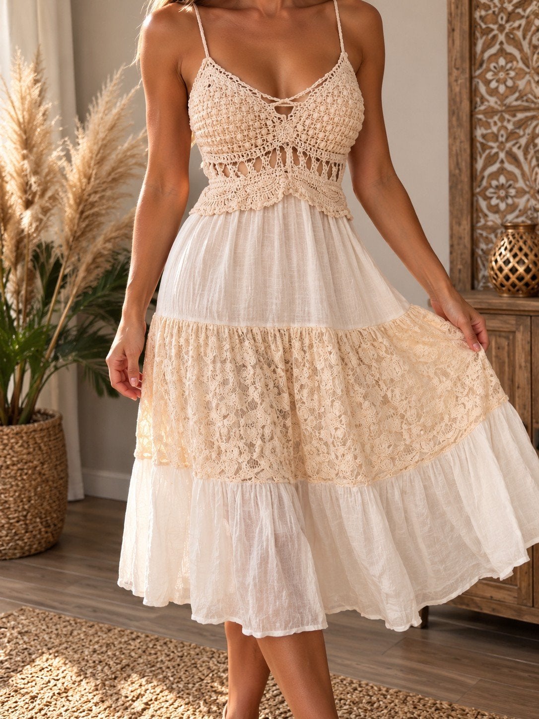 Zomerse gehaakte en kanten jurk - Maat S, Kleding | Dames, Beige, Nieuw, Ophalen of Verzenden, Maat 36 (S)