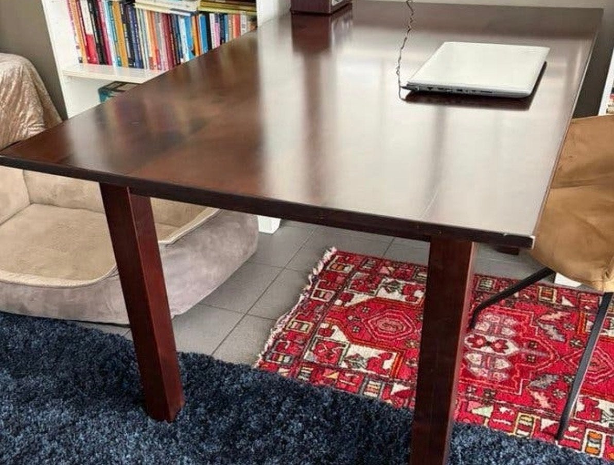 Stijlvolle donkerhouten eettafel/bureau, Ophalen, Gebruikt, 100 tot 150 cm, 50 tot 100 cm