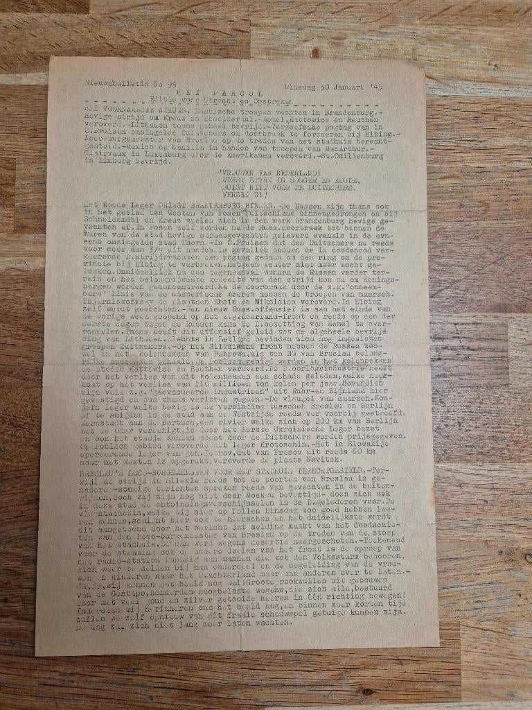 Wo2 illegale pers verzetskrant Het Parool, 30 januari 1945, Ophalen of Verzenden, Nederland, Boek of Tijdschrift