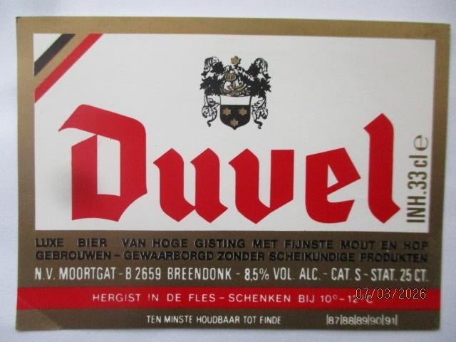 bieretiket Belgie 11-3 (B2 F36) duvel, Verzamelen, Ophalen of Verzenden, Nieuw, Overige typen, Duvel