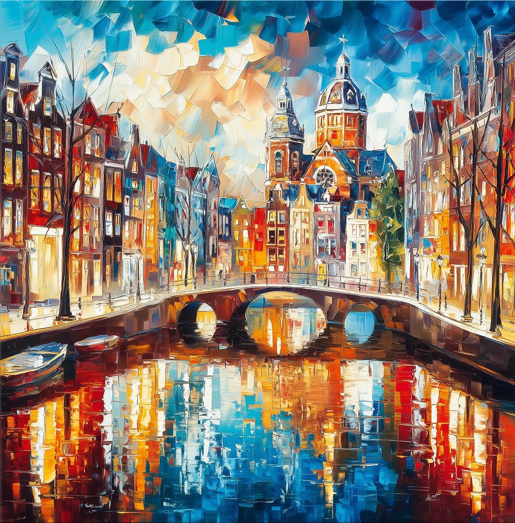 Canvas: Kleurige Amsterdamse Grachten, Verzenden, Nieuw