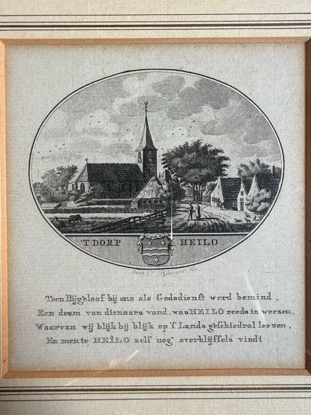 Kopergravure 't Dorp Heiloo door Anna Catharina Brouwer (179, Stadsgezicht, Ophalen of Verzenden, Gravure, Origineel