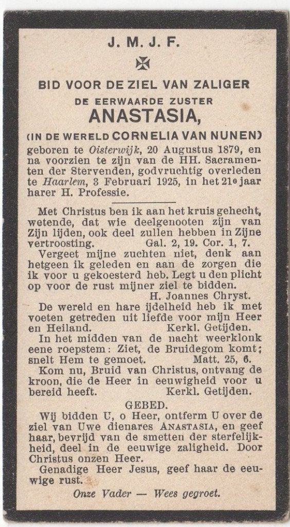 zr. Cornelia van Nunen 1879 Oisterwijk + 1925 Haarlem, 45 jr, Verzenden