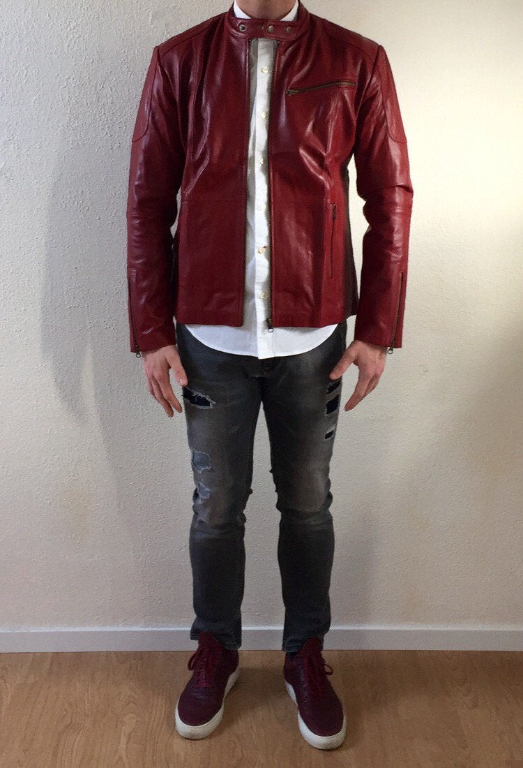 Rode leren jassen biker jacks heren in maat L rood, Kleding | Heren, Ophalen of Verzenden, Nieuw, Rood