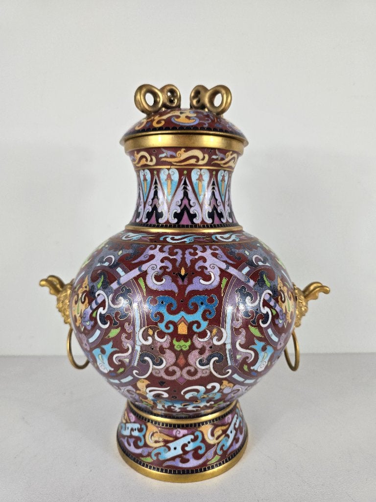 Dekselvaas Taotie Foo leeuw, cloisonné, China, 20e eeuw, Ophalen of Verzenden, Koper