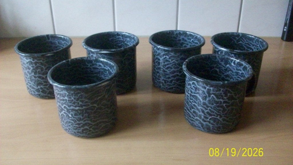 Set van 6 grijsgewolkte emaille mokken, Ophalen of Verzenden