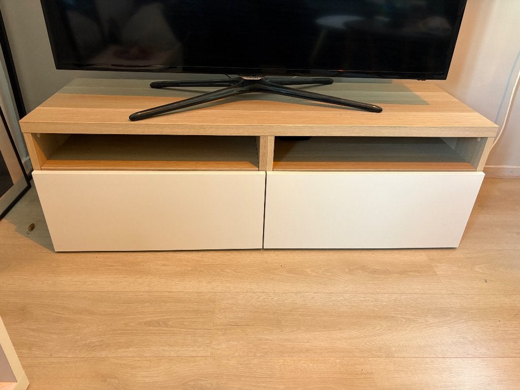 Ikea BESTÅ TV-meubel wit/eikenfineer met lades, Ophalen, 100 tot 150 cm, Eikenhout, Zo goed als nieuw